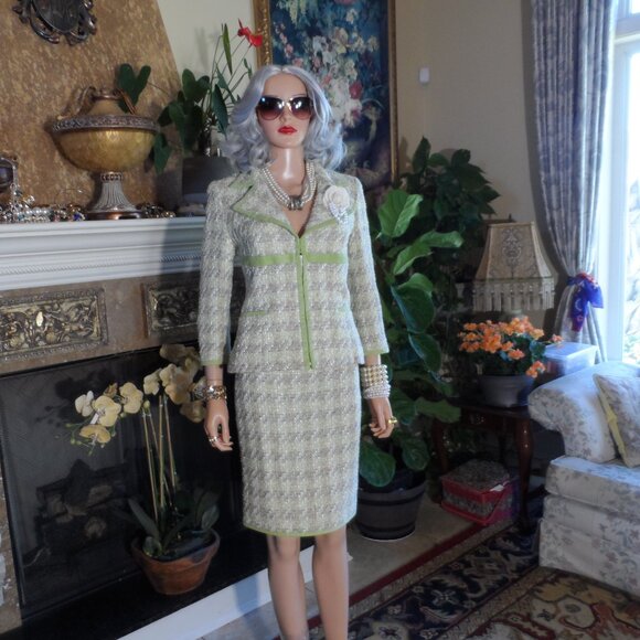 Douglas Hannant Light Green Houndstooth PatternTweed Skirt Suit Size 6 - Picture 3 of 16